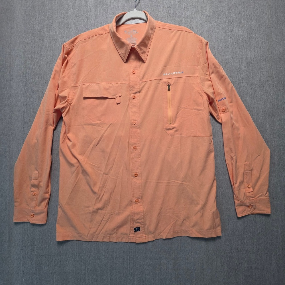 Salt Life SLX Fishing Shirt Mens XLG Orange UVapor Buttons Long Slv Performance